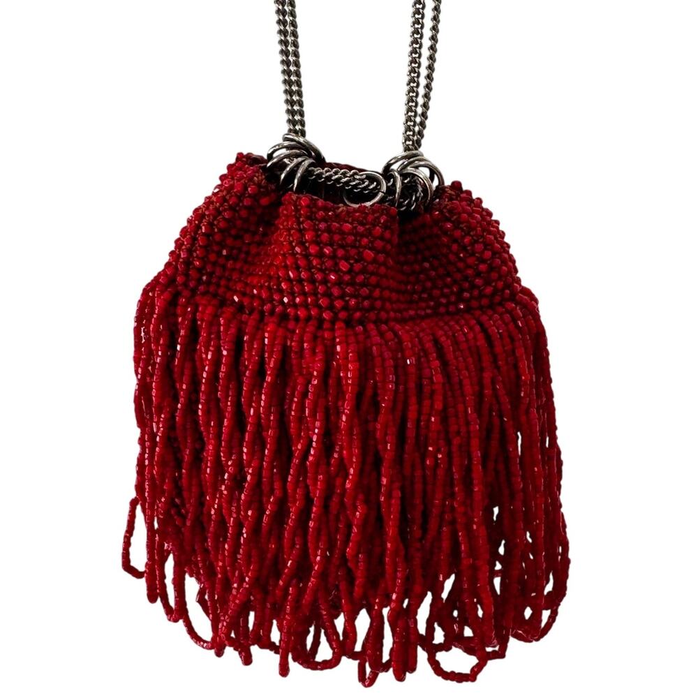 1990s Red Beaded Fringe Mini Evening Bag Flapper Style